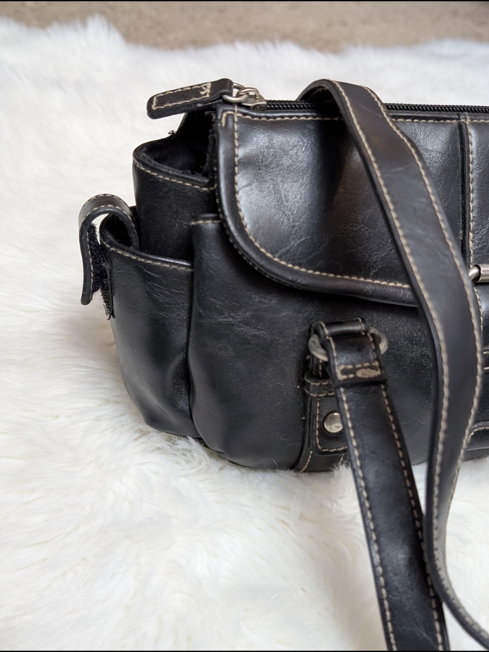 Small Black Vinyl Shoulder Bag with Buckle Detail - Picture 8 of 13